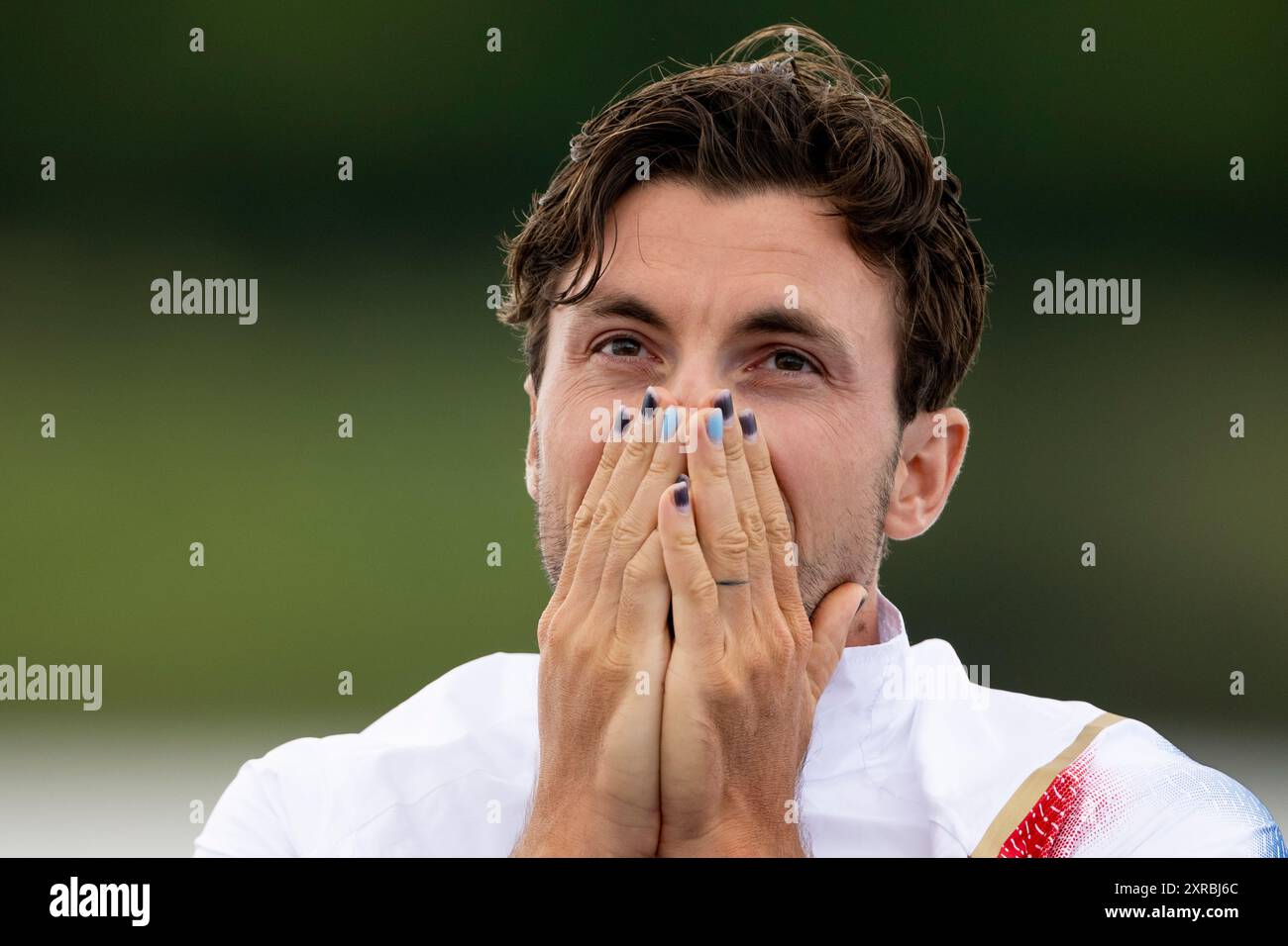 Vaires Sur Marne, France. 09th Aug, 2024. Martin Fuksa of Czech Republic celebrates gold during a medals ceremony for the men's canoe single 1000-meter finals at the Olympic Games in Vaires-sur-Marne, France, August 9, 2024. Credit: Ondrej Deml/CTK Photo/Alamy Live News Stock Photo