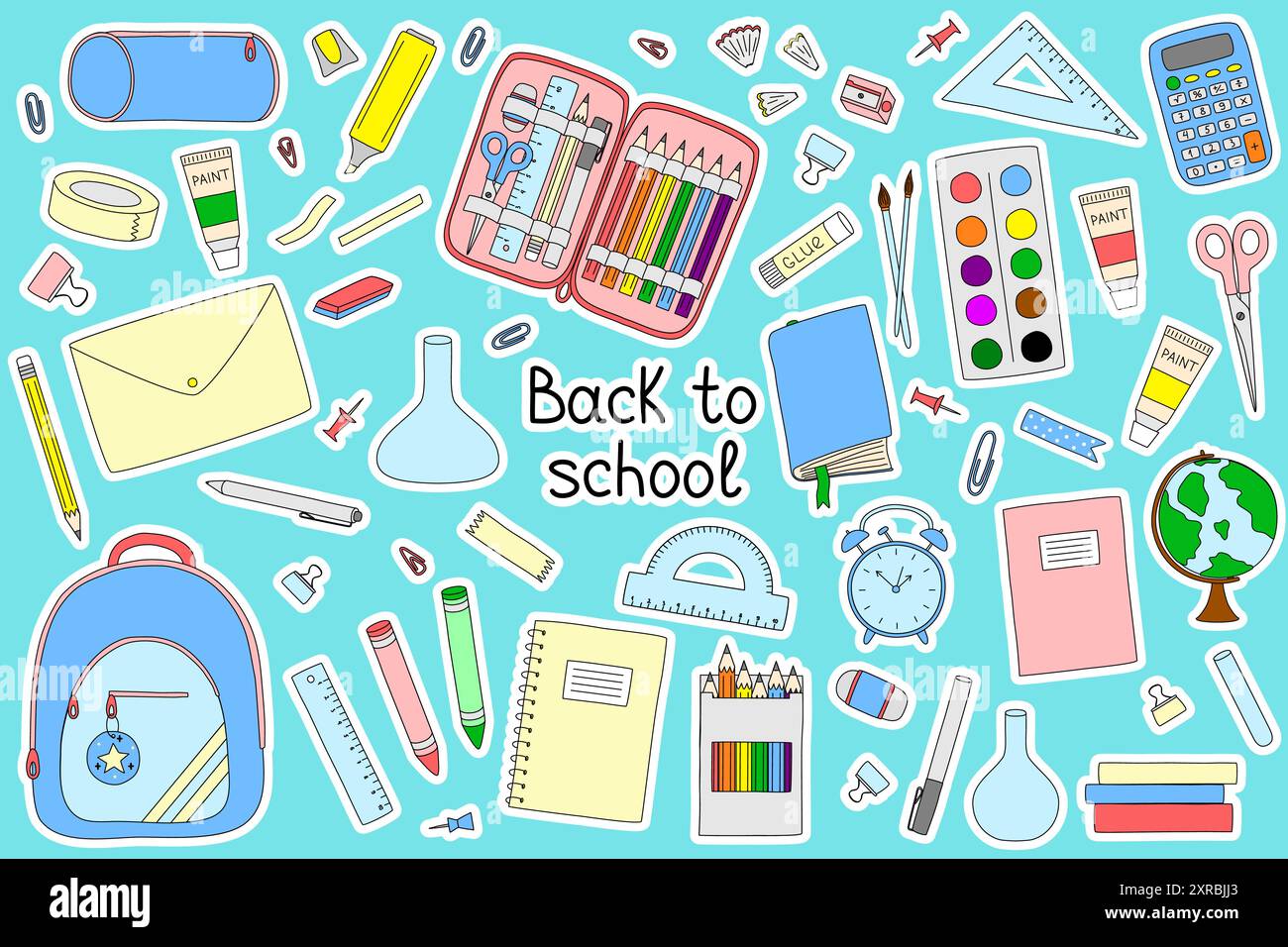 Sticker with Sticker set with Back to school elements, doodle style vector illustration Stock Vector
