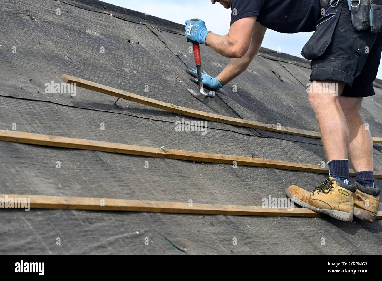 Roofing work, man on rooftop removing old felt nails with hammer to ...