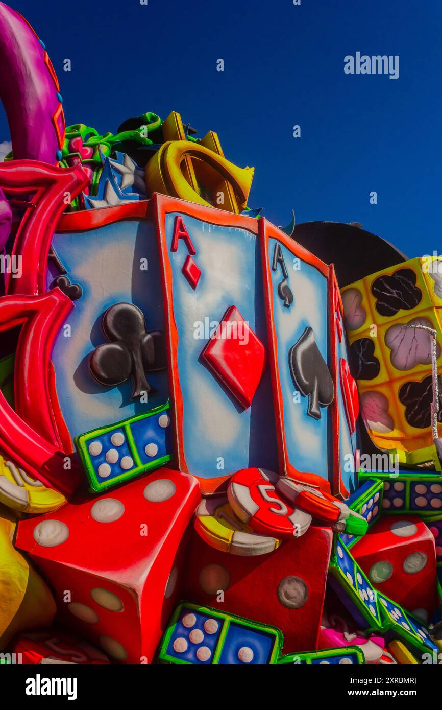 Vibrant celebration with colorful floats at a traditional traveling carnival Stock Photo