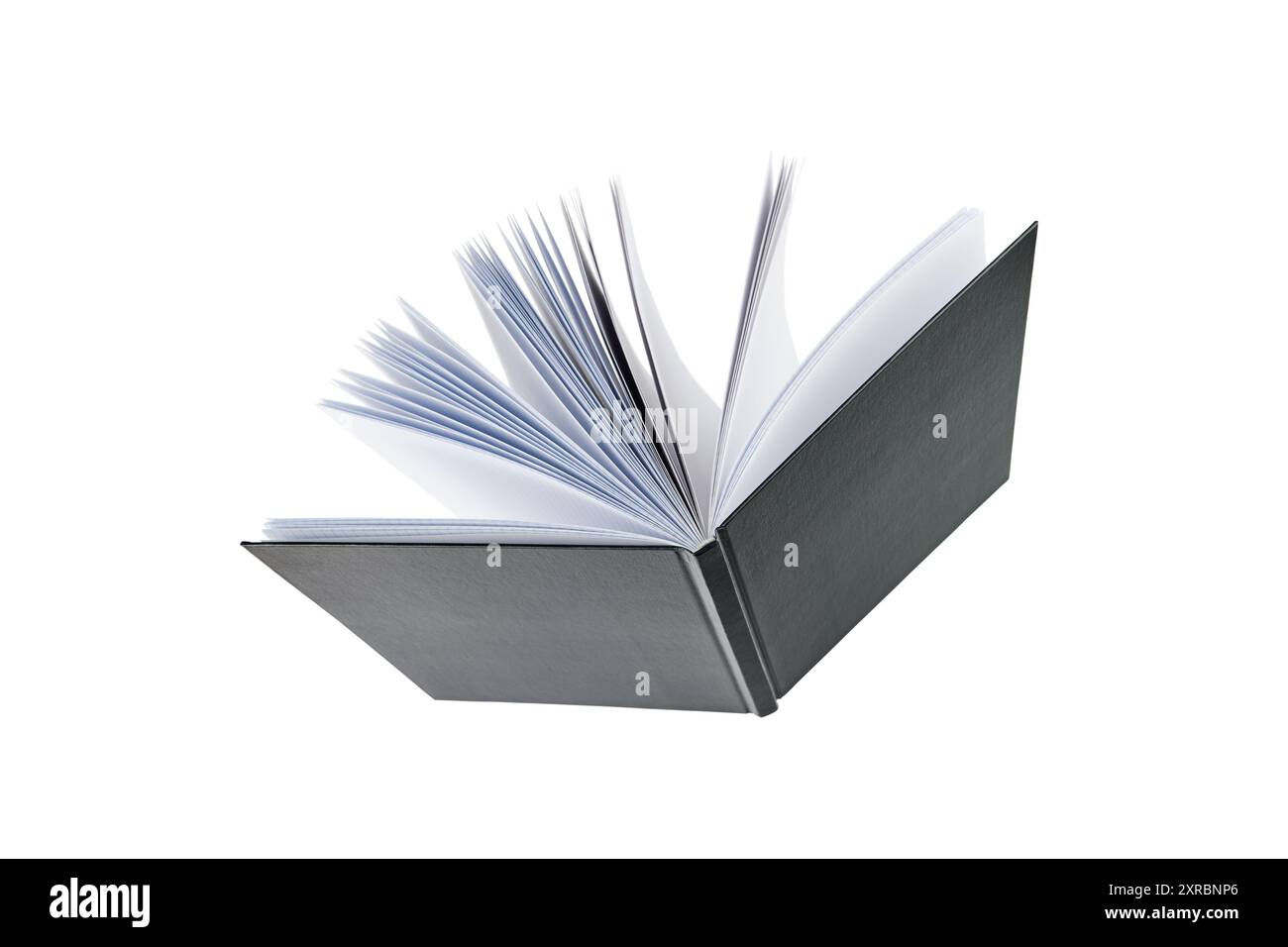 Open black cover book or notebook against background of school green board with sunbeams. Back to school training concept. Empty background. Stock Photo