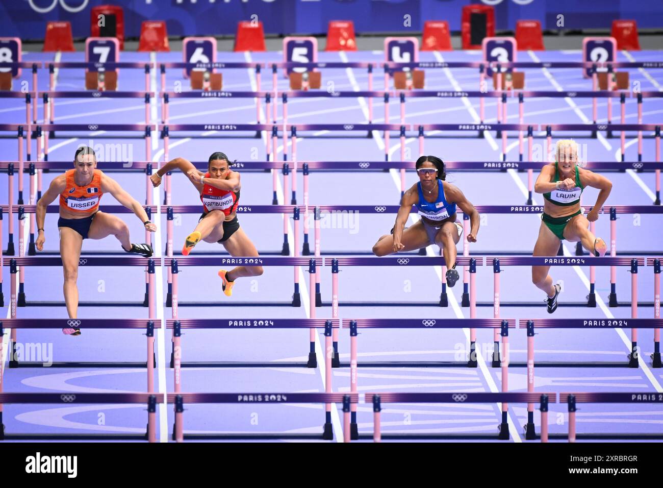 Saint Denis, France. 08th Aug, 2024. VISSER Nadine ( NED ), KAMBUNDJI Ditaji ( SUI ), JOHNSON Alaysha ( USA ) and LAVIN Sarah ( IRE ), Athletics, Women's 100m Hurdles Semi-Final during the Olympic Games Paris 2024 on 8 August 2024 at Stade de France in Saint-Denis near Paris, France - Photo Federico Pestellini/Panoramic/DPPI Media Credit: DPPI Media/Alamy Live News Stock Photo