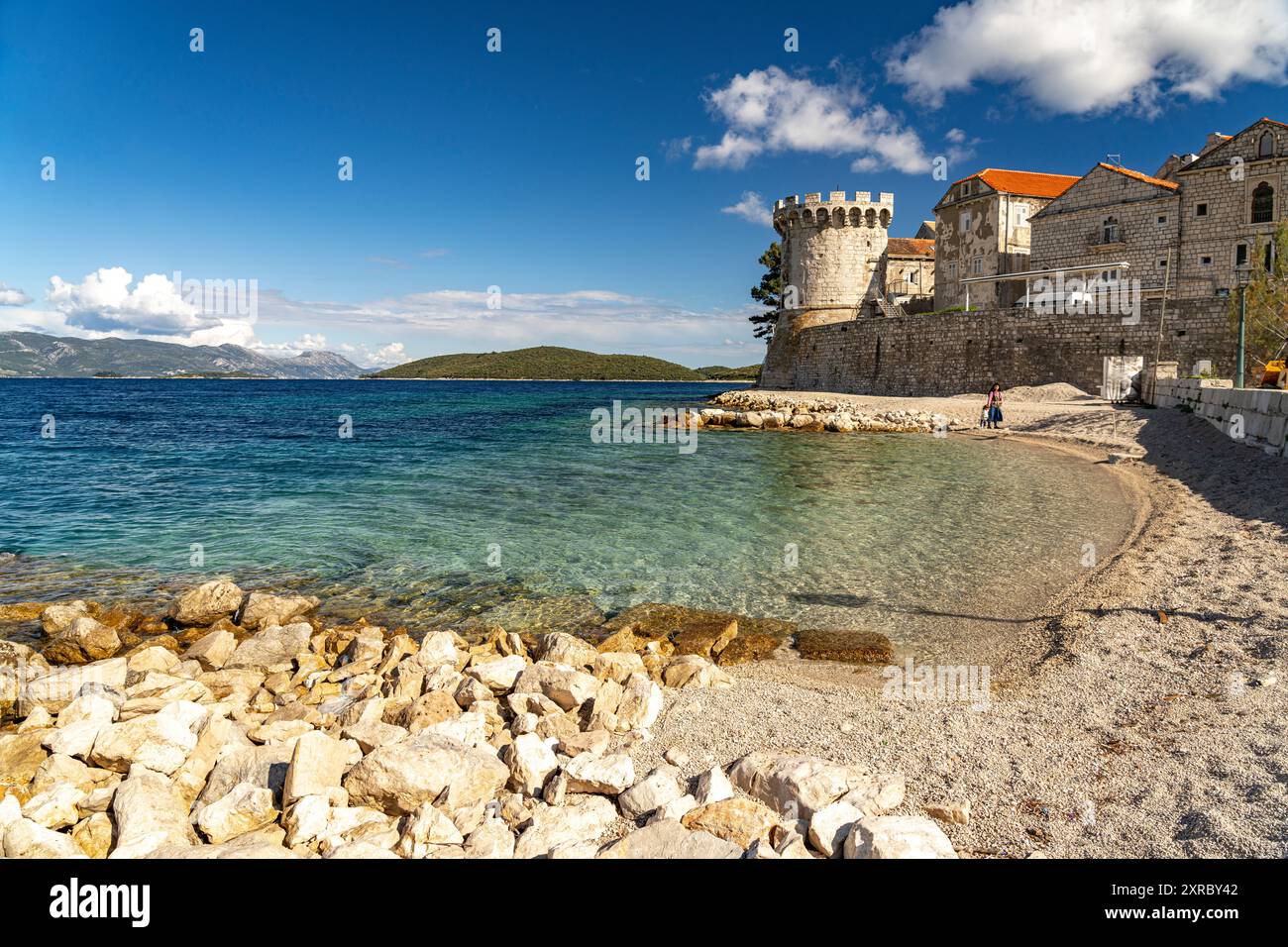 Zakerjan beach and Zakerjan tower in Korcula, Croatia, Europe Stock Photo