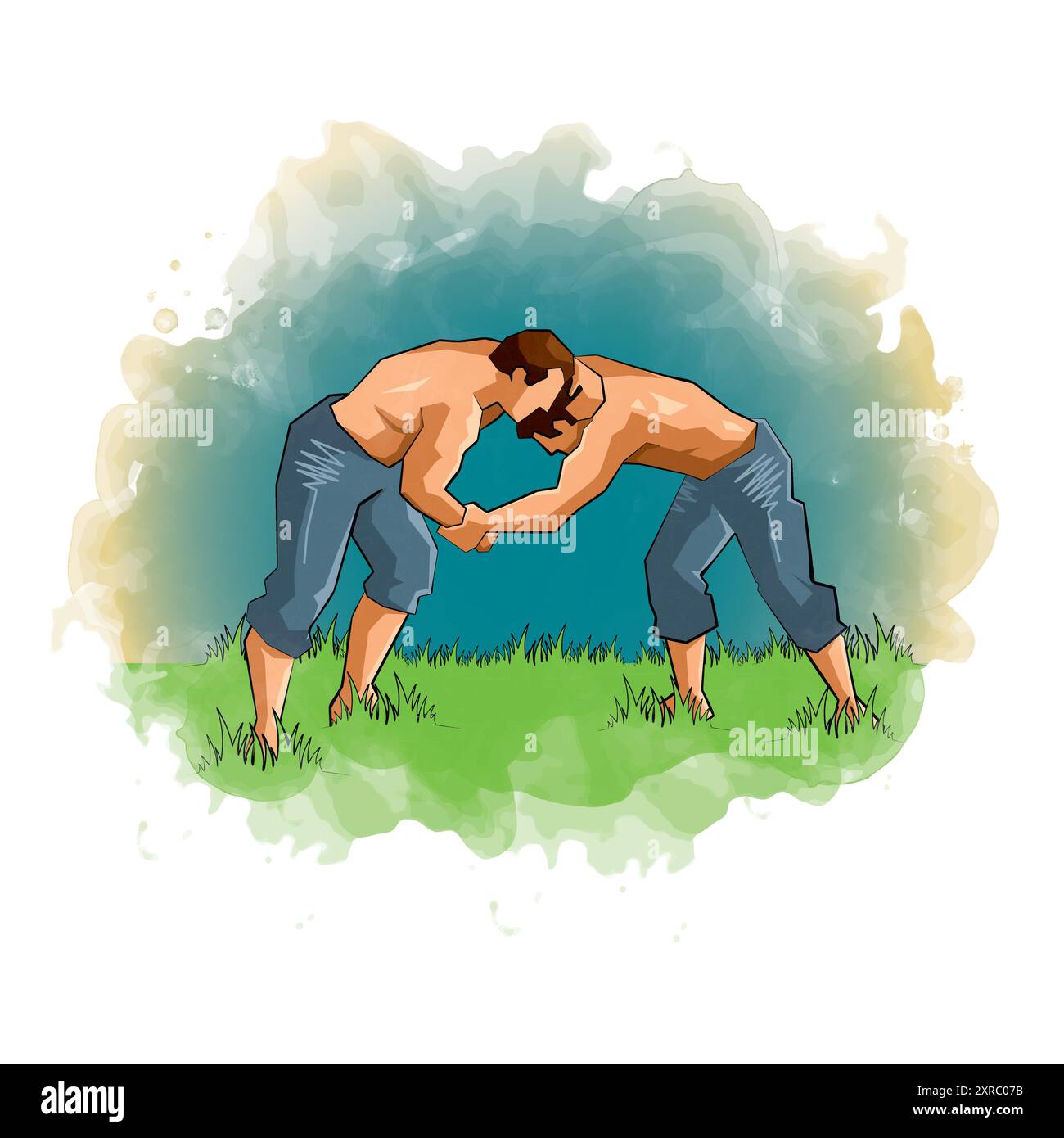 The vector illustration of the traditional Turkish oil wrestling. Two wrestlers are wrestling on the grass. Stock Vector