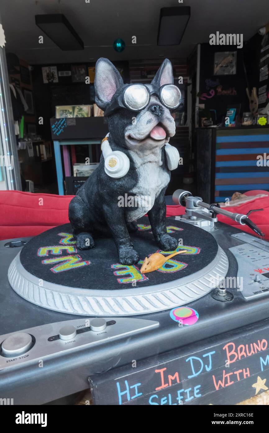 England, Kent, Deal, Deal High Street, High Street Shop window display of Amusing Model Dog sitting on Turn Table Stock Photo