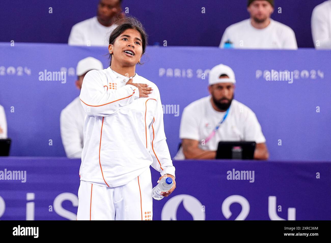 Paris, France. 09th Aug, 2024. PARIS, FRANCE - AUGUST 9: India Sardjoe of the Netherlands celebrating competing in the B-Girls Quarterfinals during Day 14 of Breaking - Olympic Games Paris 2024 at Place de la Concorde on August 9, 2024 in Paris, France. (Photo by Rene Nijhuis/BSR Agency) Credit: BSR Agency/Alamy Live News Stock Photo