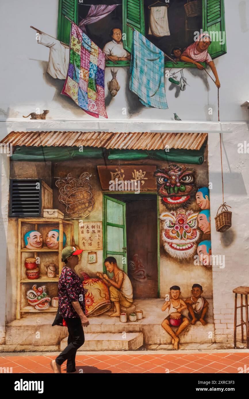 Asia, Singapore, Chinatown, Wall Mural depicting Historic Chinatown ...