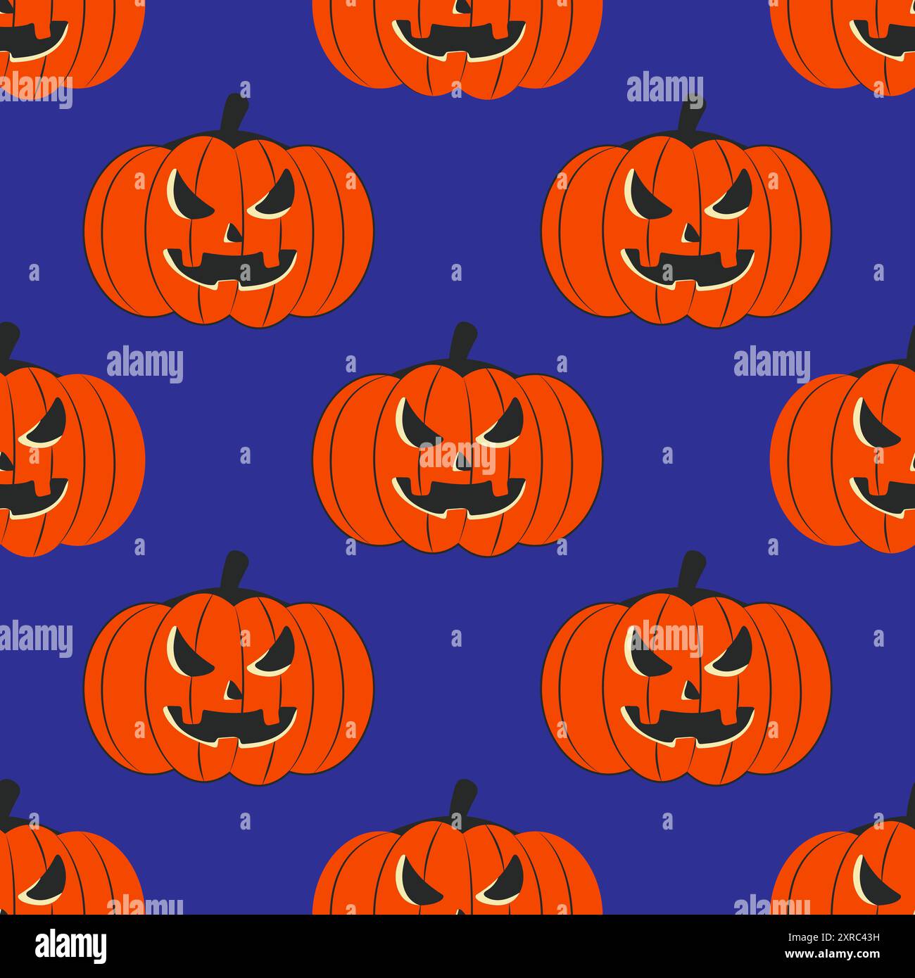 Seamless pattern. Retro Halloween. Pumpkin on blue background vector Stock Vector
