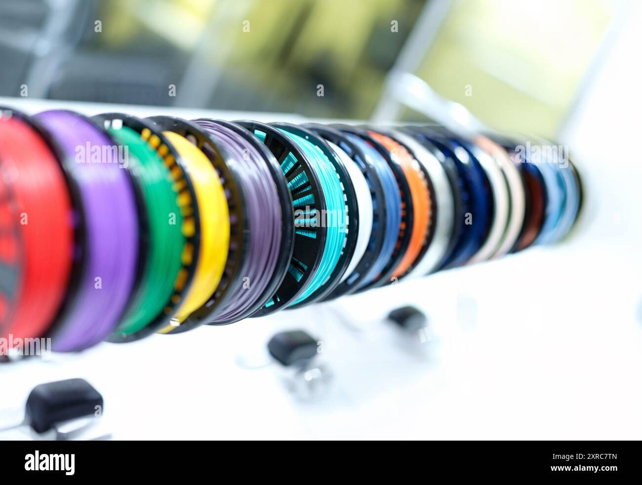 Coils with bright multi-colored wire, close-up, blurry Stock Photo