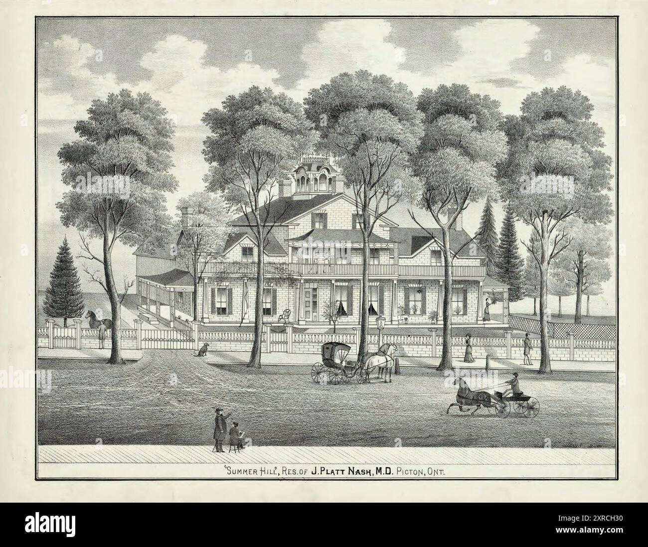 Vintage architectural Print.  Summer Hill, residence of J.Platt Nash in Picton Ontario,  1878 Stock Photo