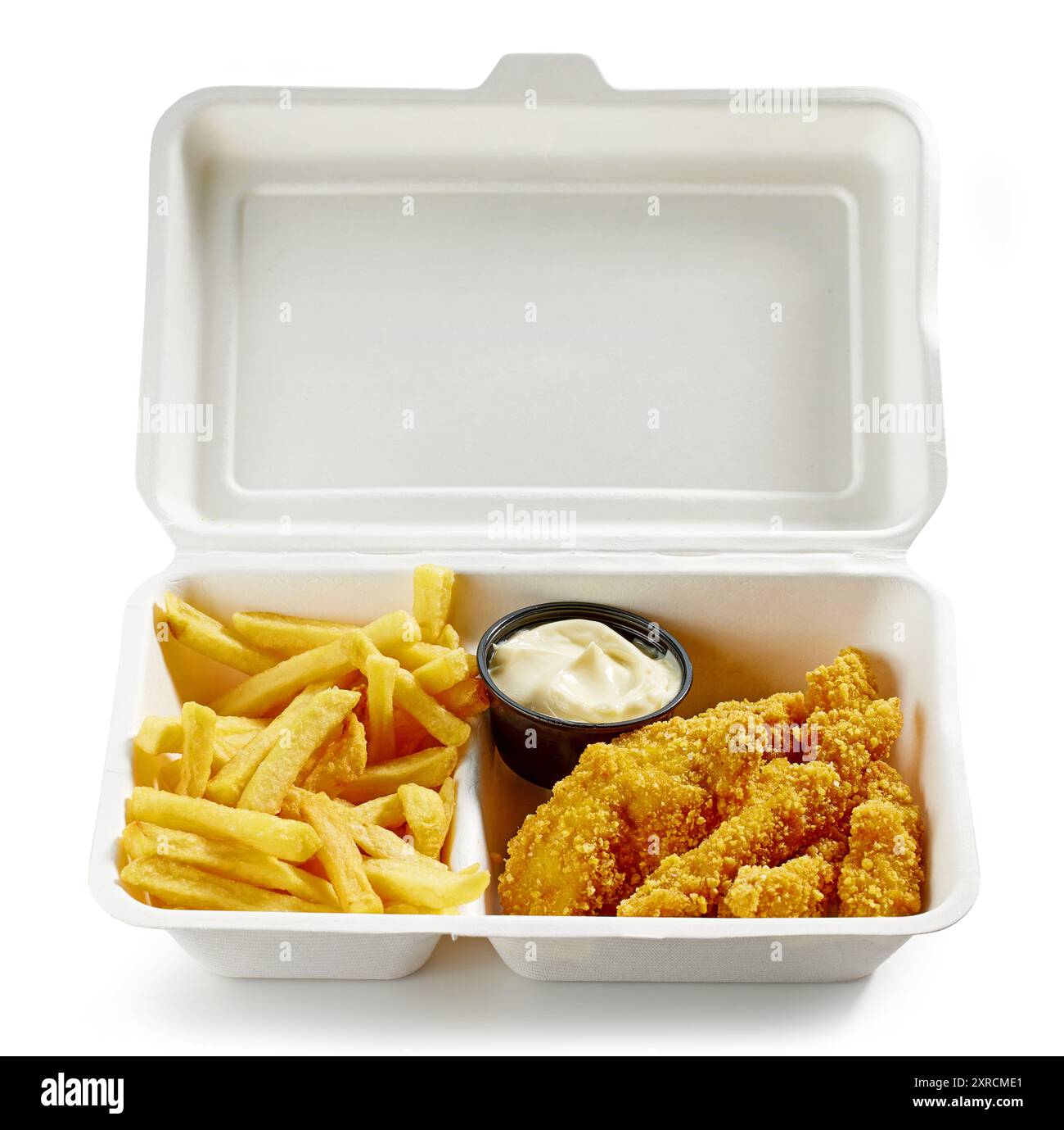 french fries and chicken nuggets in take away box isolated on white ...
