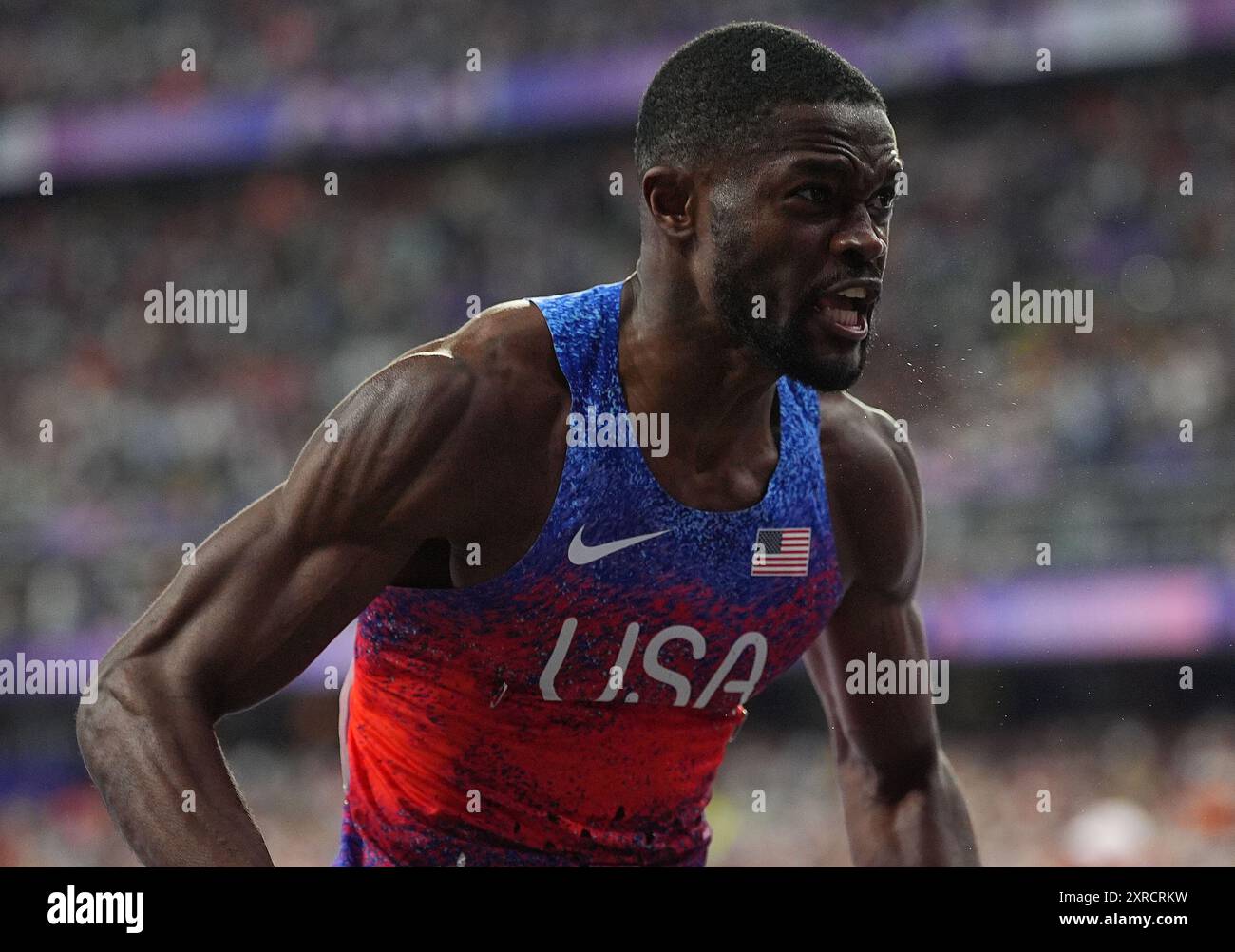 Paris, France. 9th Aug, 2024. Rai Benjamin of the United States reacts ...