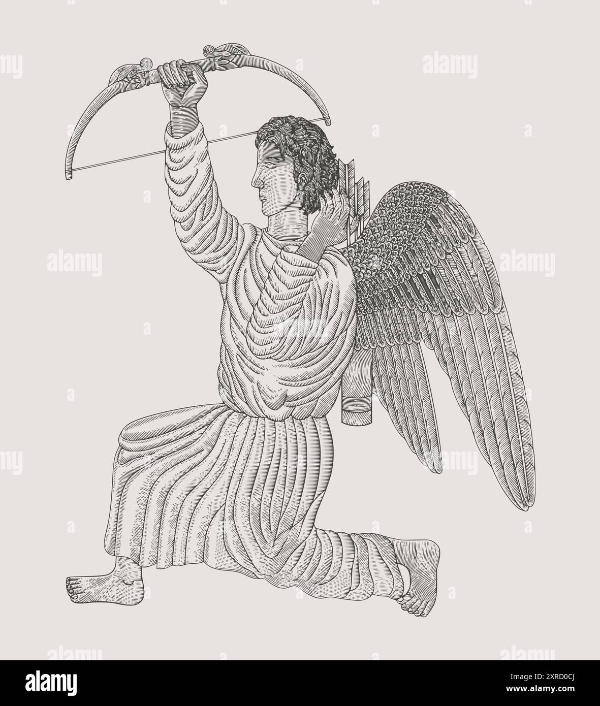 angel holds a bow and takes an arrow from the quiver. Vintage engraving drawing style illustration Stock Vector