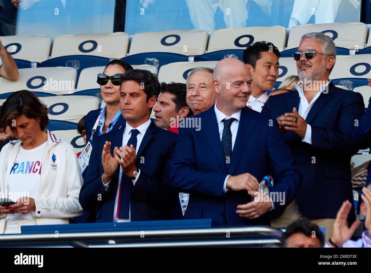 Paris, France. August 9, 2024. French First minister, Gabriel Attal react with President of FIFA, Gianni Infantino before the Men's Gold Medal match between France and Spain during the Olympic Games Paris 2024 at Parc des Princes on August 09, 2024 in Paris, France.credit:Saolab/Alamy Live News Stock Photo