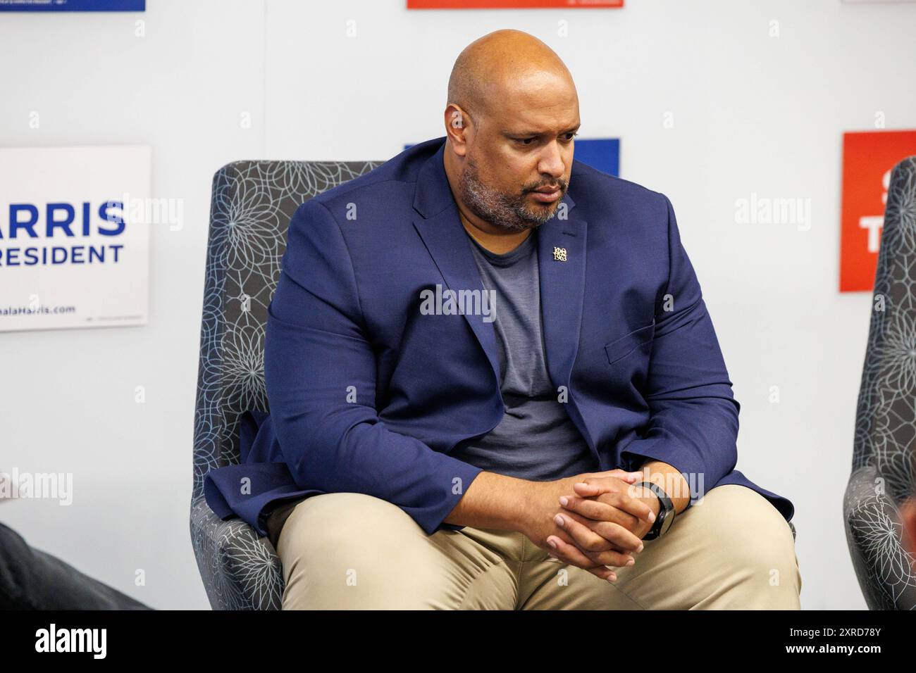 Flint, Michigan, USA. 9th Aug, 2024. Former U.S. Capitol Police officer HARRY DUNN participates in a discussion in Flint, Mich., on Aug. 9, 2024, about the Jan. 6, 2021, insurrection attempt at the U.S. Capitol. (Credit Image: © Andrew Roth/ZUMA Press Wire) EDITORIAL USAGE ONLY! Not for Commercial USAGE! Stock Photo