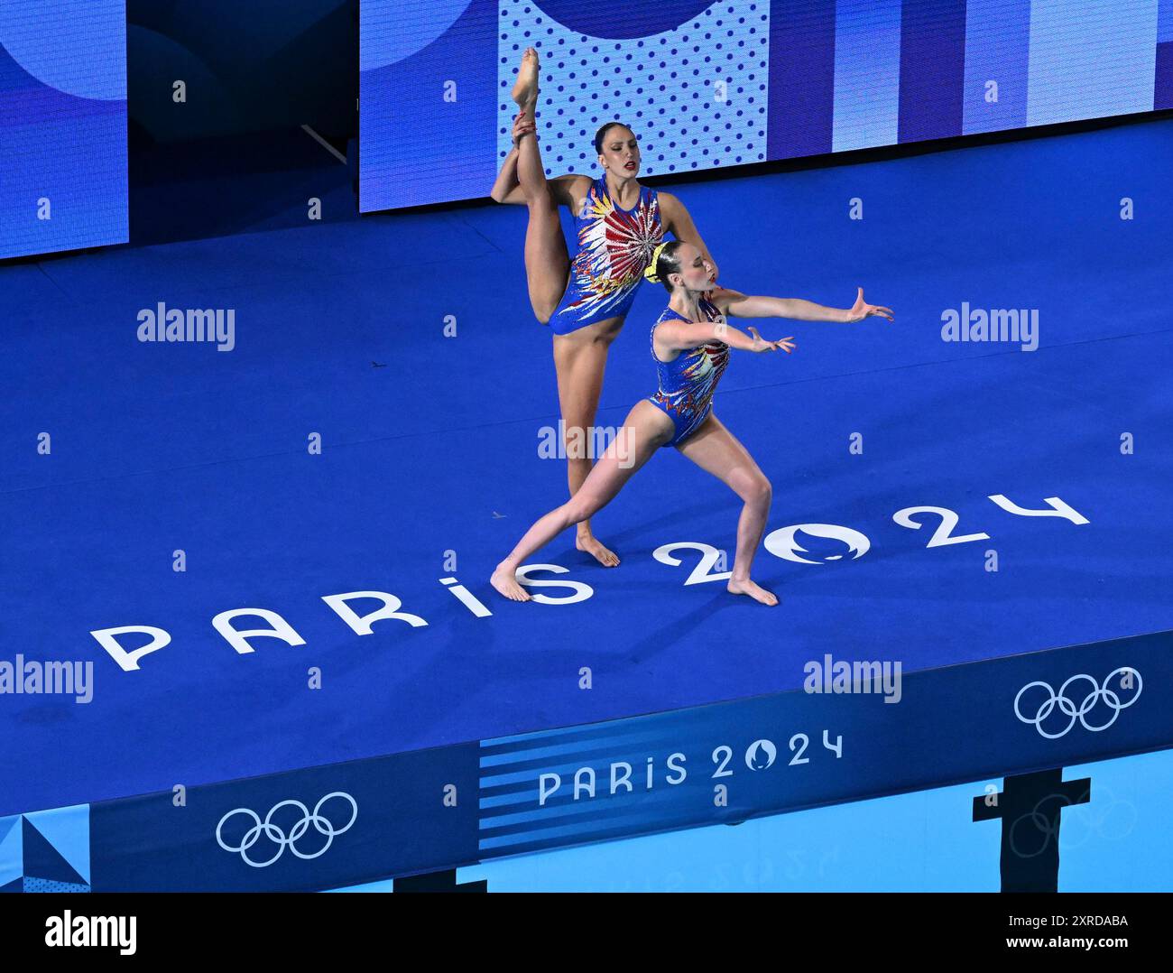 Saint Denis. 9th Aug, 2024. Shelly Bobritsky/Ariel Nassee of Israel compete during the duet technical routine of artistic swimming at the Paris 2024 Olympic Games in Saint-Denis, France, Aug. 9, 2024. Credit: Xia Yifang/Xinhua/Alamy Live News Stock Photo