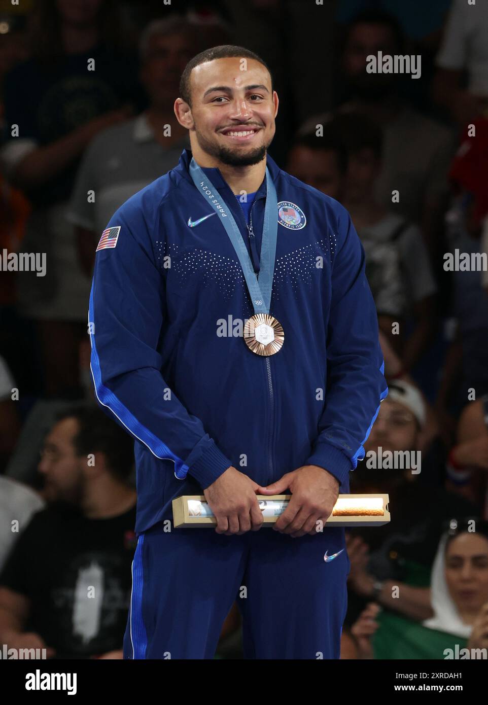 Paris, France. 09th Aug, 2024. Aaron Brooks of the US poses with his bronze medal for the Men