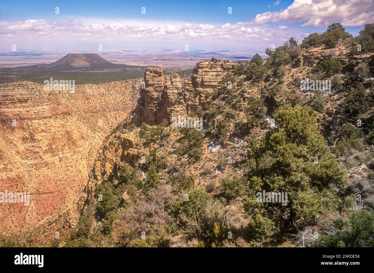 Desert View Watchtower Overlook along the South Rim of the Grand Canyon with Cedar Mountain and the Little Colorado River Gorge in the distance. (USA) Stock Photo