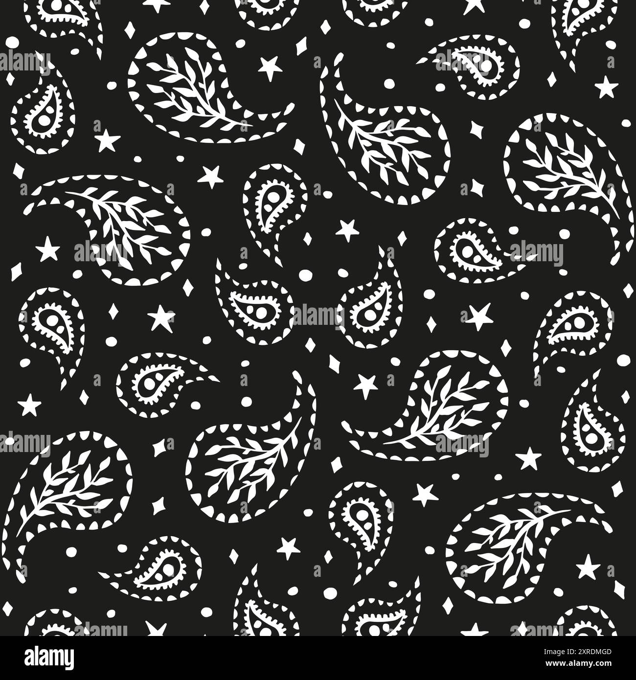 Black and white seamless pattern with celestial and paisley motifs ...