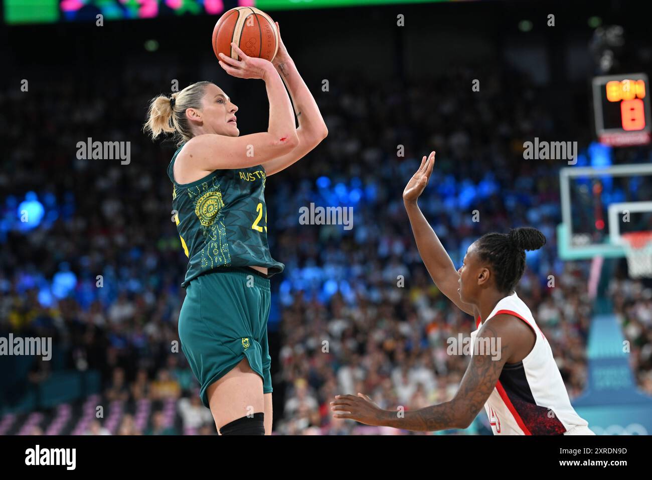 Paris, France. 09th Aug, 2024. Lauren Jackson (AUS), Basketball, Women's Semifinal between United States and Australia during the Olympic Games Paris 2024 on 9 August 2024 at Bercy Arena in Paris, France - Photo Frederic Chambert/Panoramic/DPPI Media Credit: DPPI Media/Alamy Live News Stock Photo