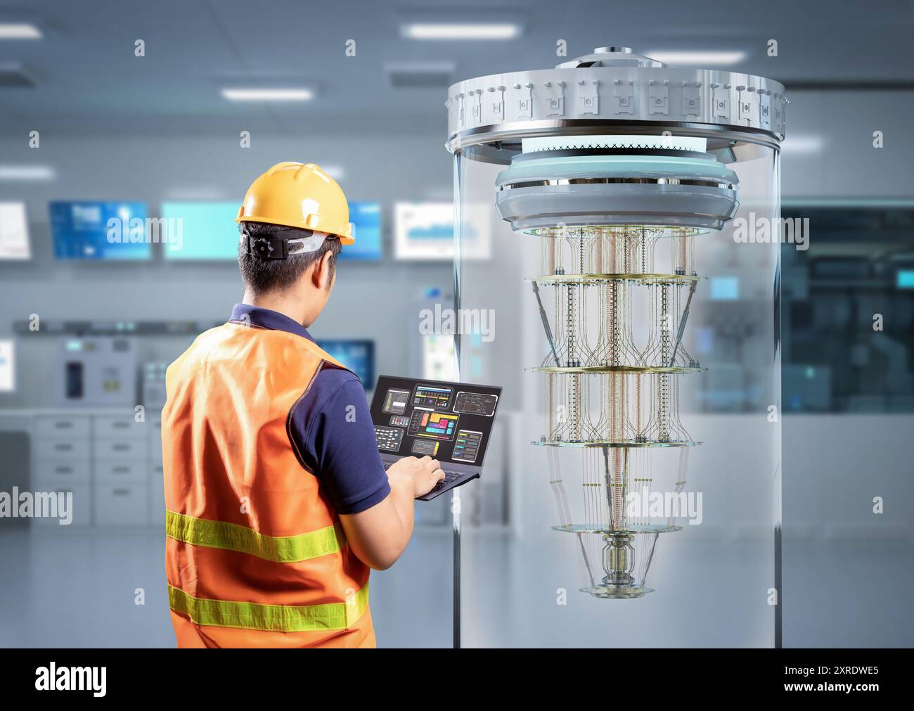 Quantum engineering technology with engineer develop quantum computer machine in shield Stock Photo