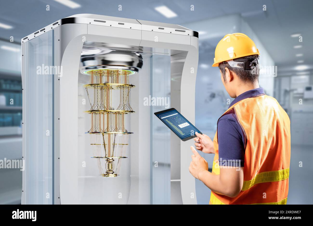 Quantum engineering technology with engineer develop quantum computer machine in shield capsule Stock Photo