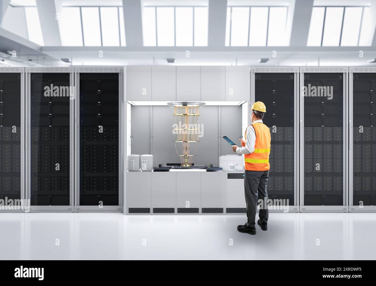 Quantum engineering technology with engineer develop quantum computer machine in shield capsule Stock Photo