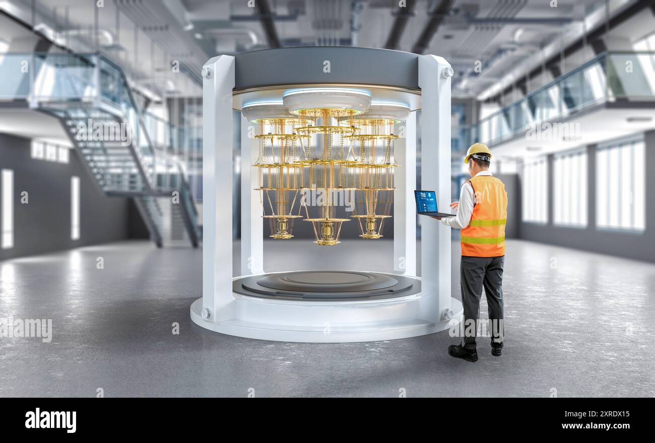 Quantum engineering technology with engineer develop quantum computer machine in shield Stock Photo