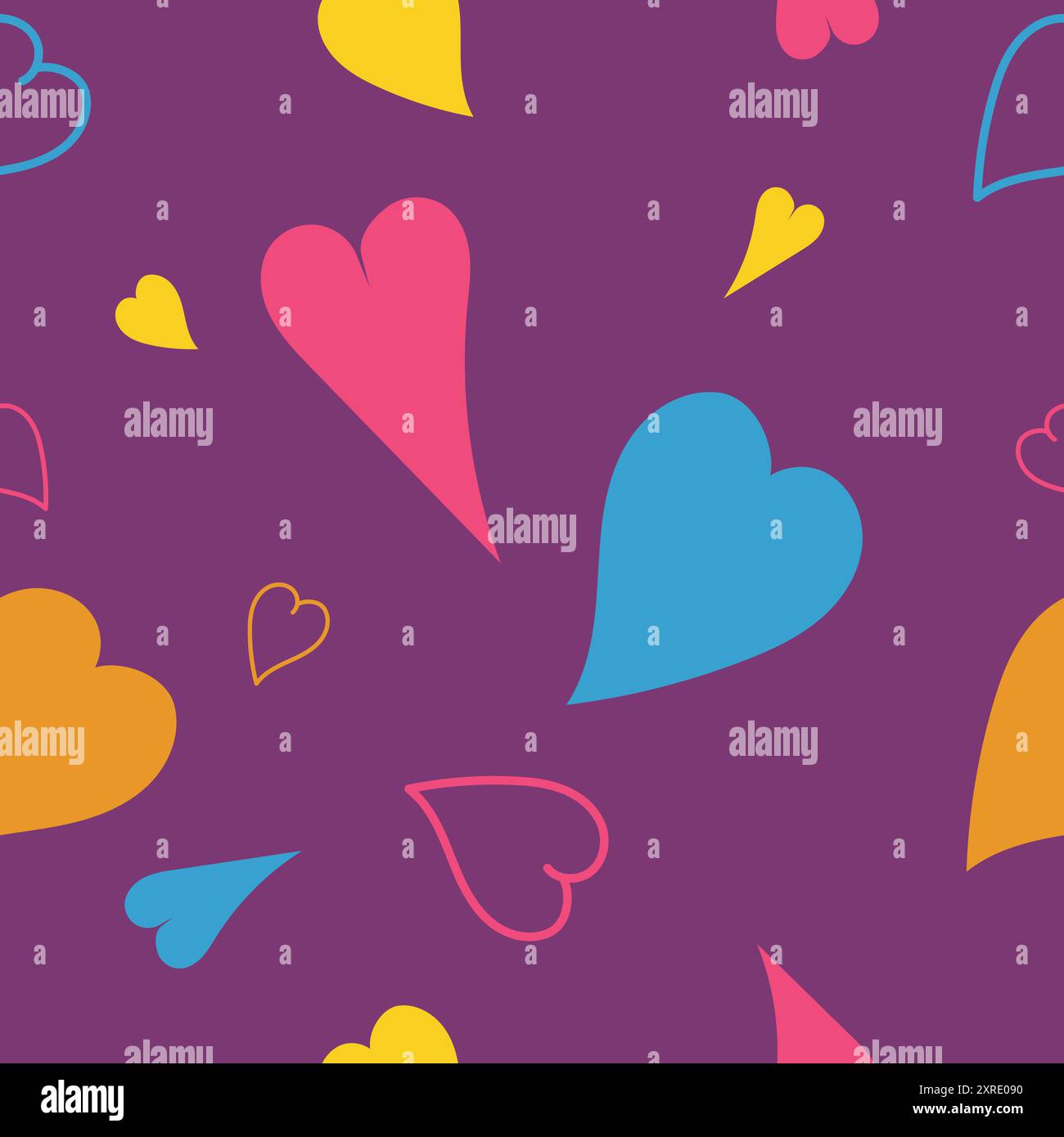Seamless pattern with hearts. Multi-colored hearts on a purple background. Endless romantic pattern Stock Vector