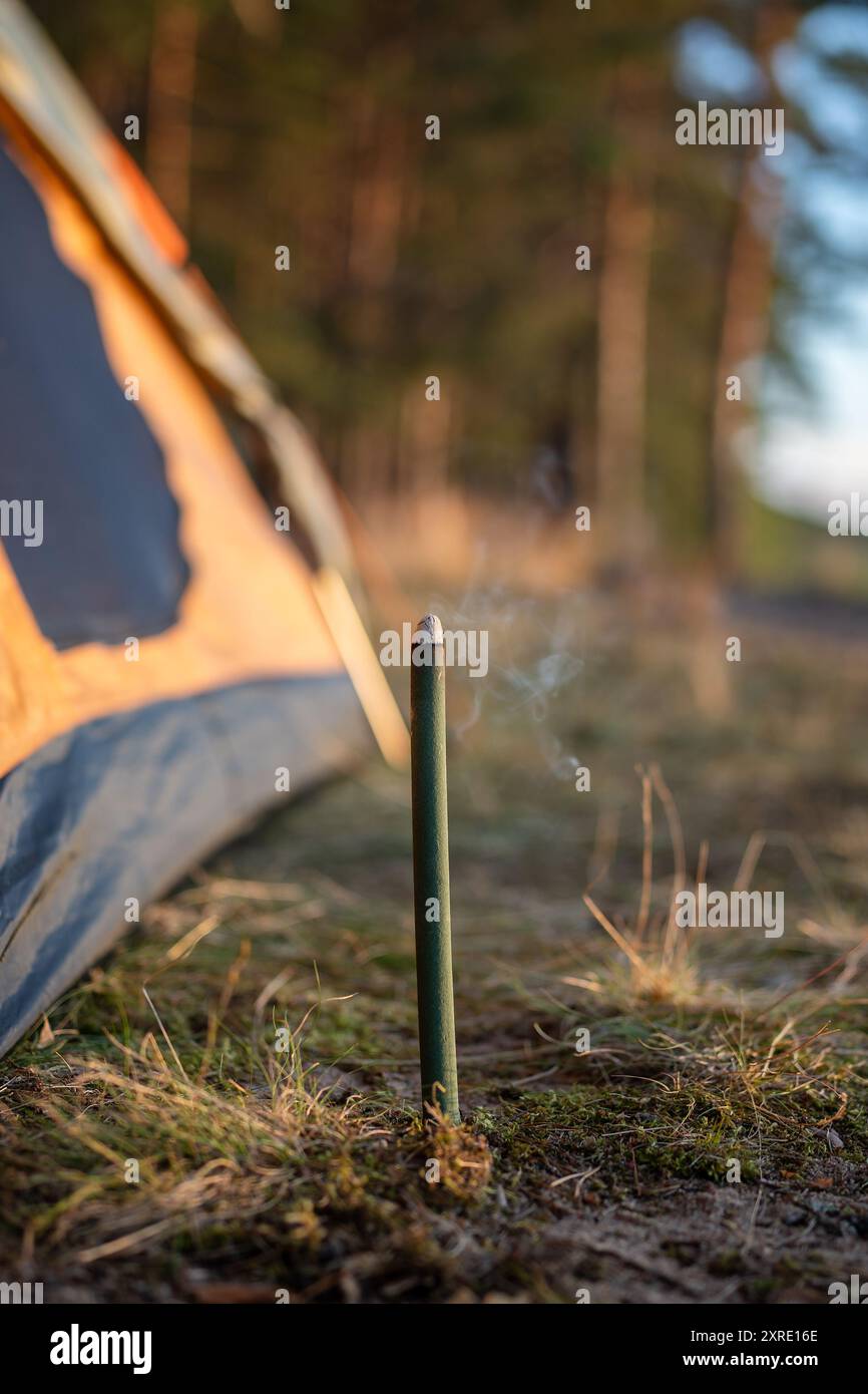 Candle-shaped insect fumigator, rod placed in ground near camping tent ...