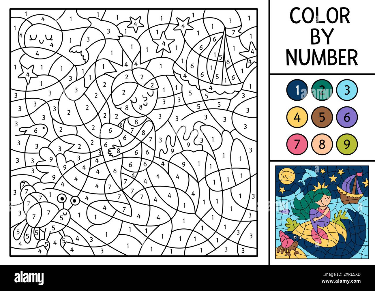 Vector mermaid color by number activity with cute sea princess, ship ...