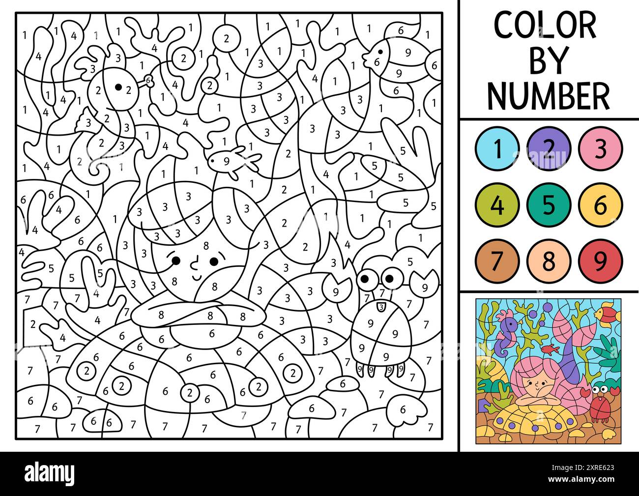 Vector mermaid color by number activity with cute sea princess, crab ...