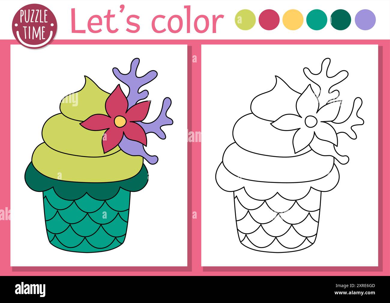 Mermaid coloring page for children with cupcake with seaweeds. Vector ...
