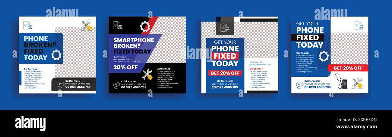 Tech repair service workshop social media posts, ads, banner, square ...