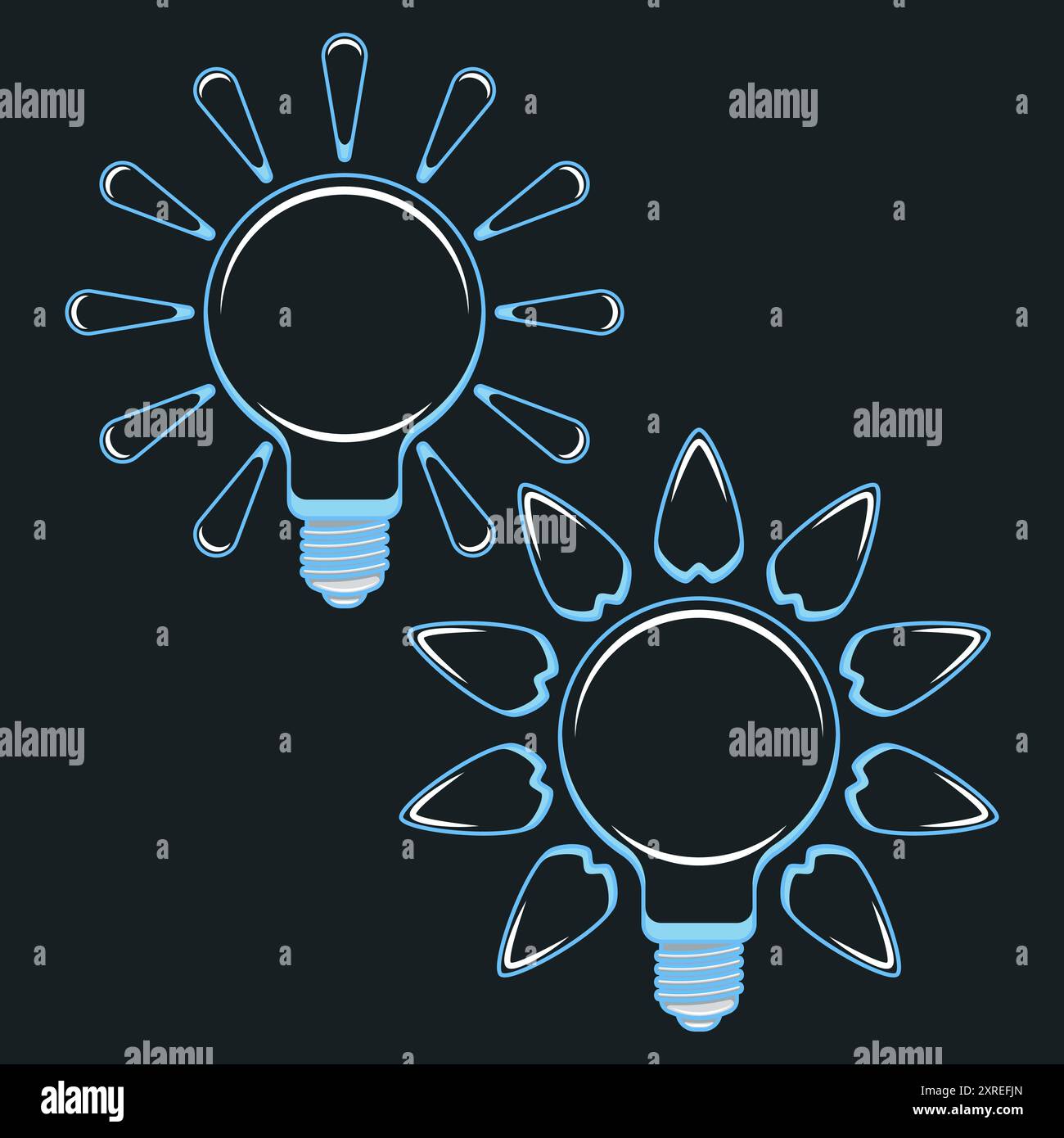 Set of color illustrations with light bulbs, rays and leaves, green energy, solar. Isolated vector objects on black background. Stock Vector