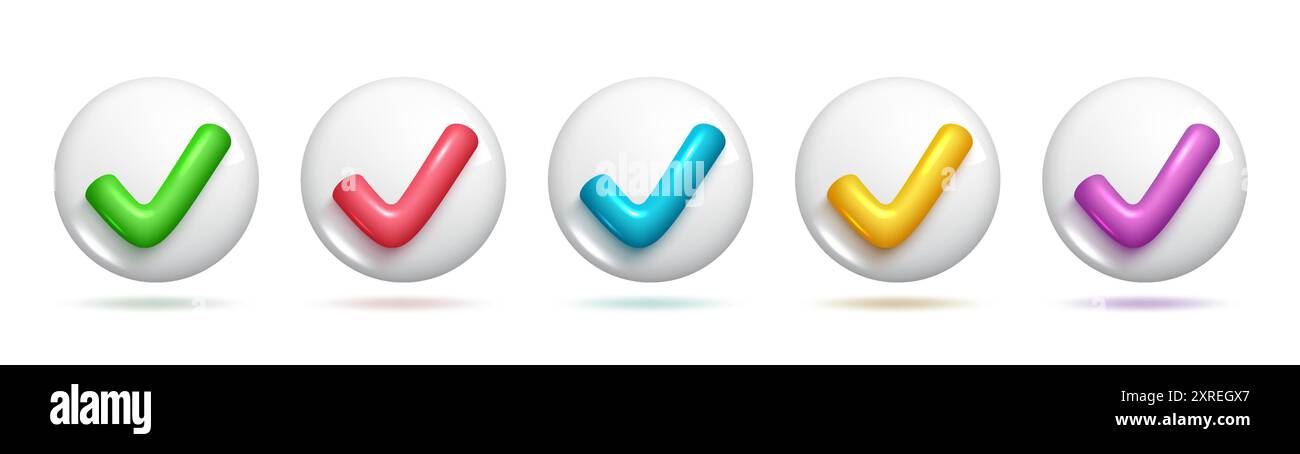 3d realistic check mark icons in different colours. Sets of check correct right icons. 3d Sets of Vector Elements. Stock Vector