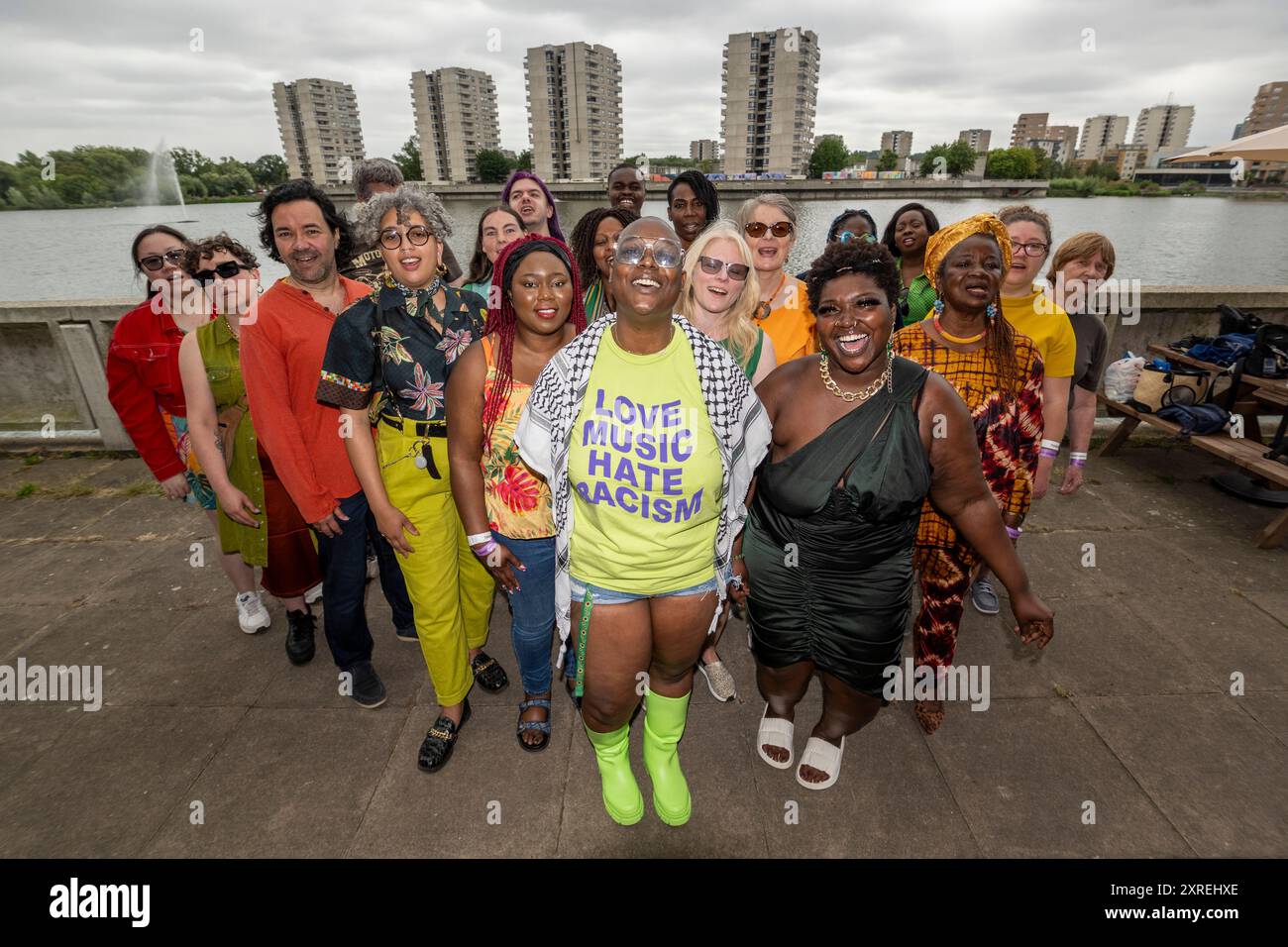 London, UK.  10 August 2024. Members of the Thamesmead Community Choir at their rehearsal at the annual Thamesmead Festival which celebrates the spirit, unity and creativity of one of the UK’s most diverse towns.  Taking place in Southmere Park, the festival is programmed by the community for the community, funded by not-for-profit housing association Peabody and produced by world-leading music producers Serious.  Credit: Stephen Chung / Alamy Live News Stock Photo