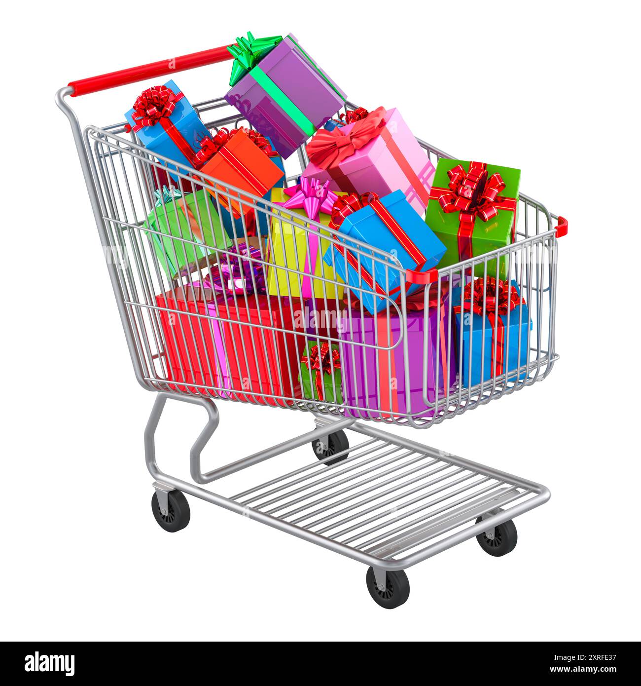 Shopping cart with gift boxes inside, 3D rendering isolated on white ...