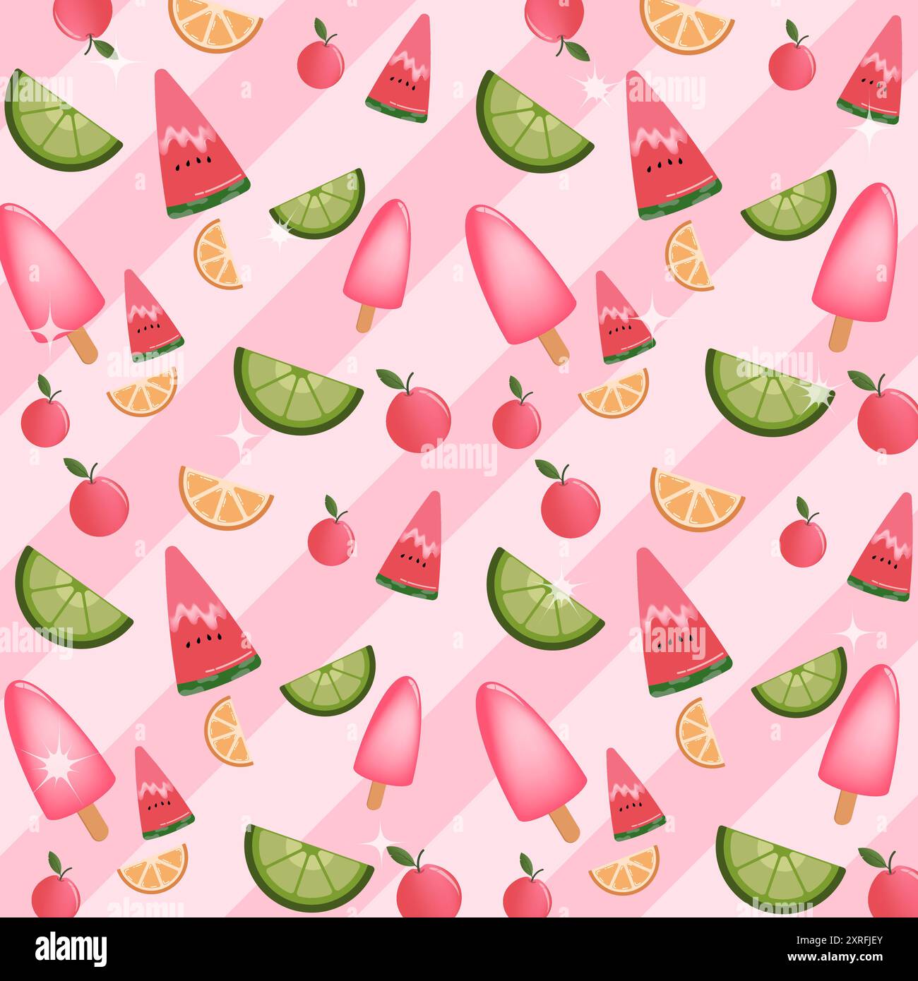Vibrant Fruit and Ice Cream Pattern on a Bright Pink Background Stock Vector