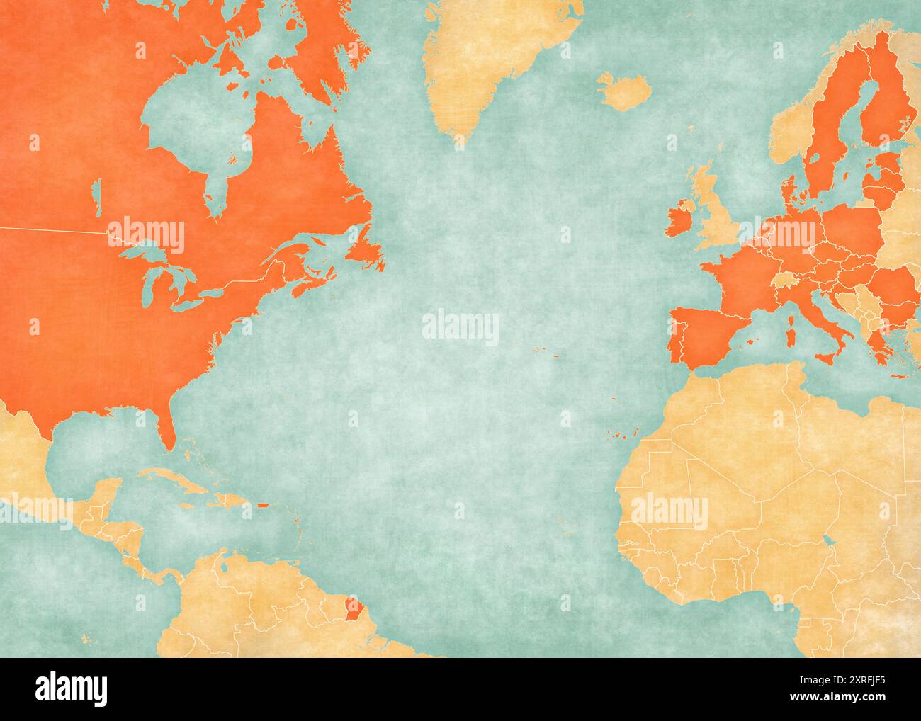 United States European Union and - United States European Union And Canada On The Map Of North Atlantic Ocean In Soft Grunge And Vintage Style Like Old Paper With Watercolor Painting 2XRFJF5