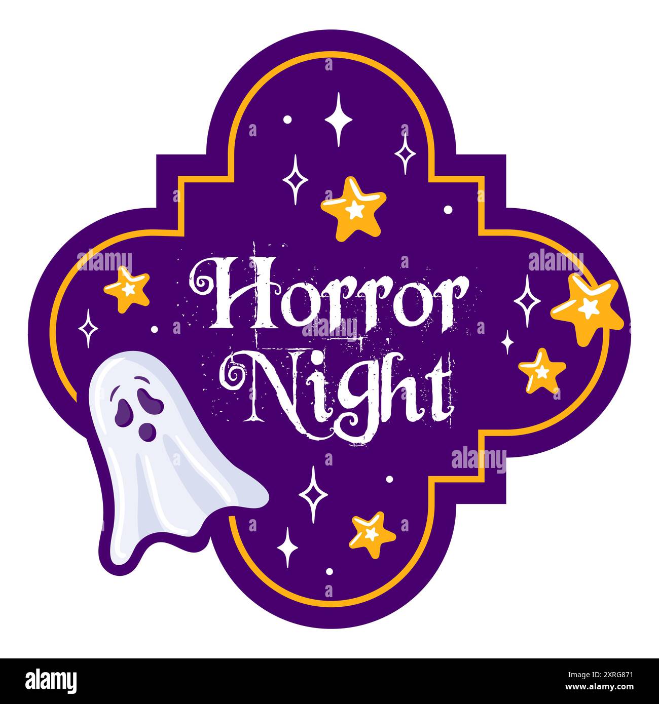 A cute cartoon ghost with vibrant stars on a rich purple background, ideal for Halloweenthemed designs Stock Vector