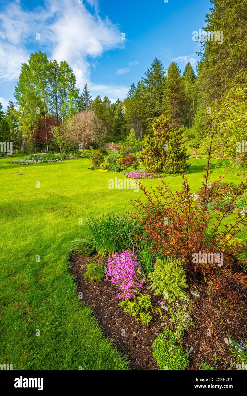 A beautifully landscaped suburban yard with lawn, trees, and flower gardens. Stock Photo