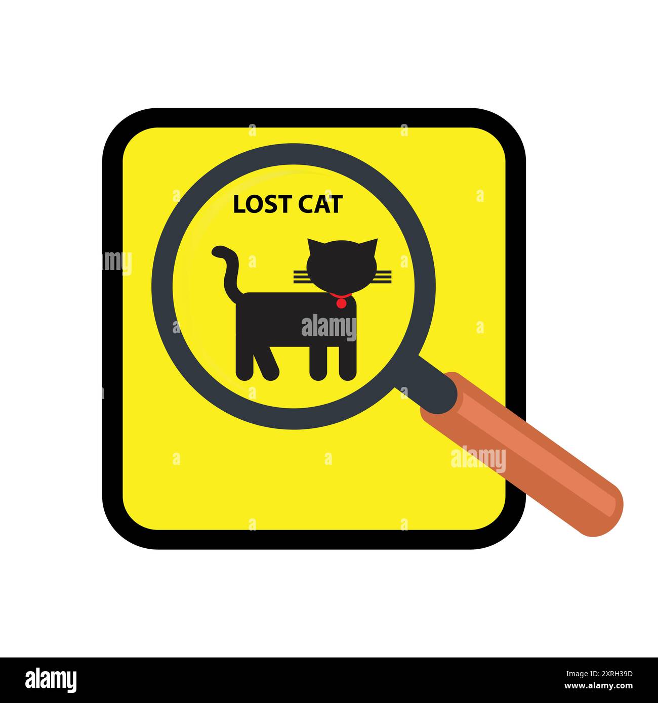 Magnifying glass on a yellow square with the silhouette of a cat and the text lost cat Stock Vector