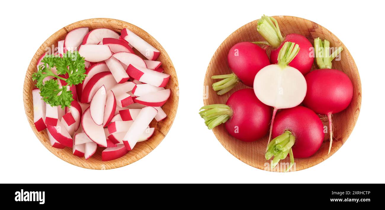 Radish slices in wooden bowl isolated on white background. Top view. Flat lay Stock Photo