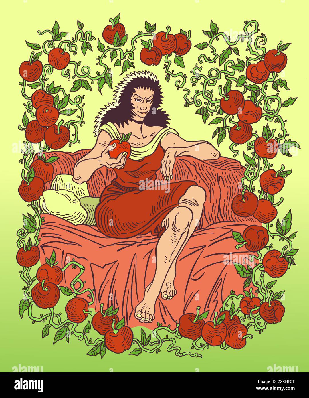 Illustration of the greek ancient goddess Eris, seating, with the apple 