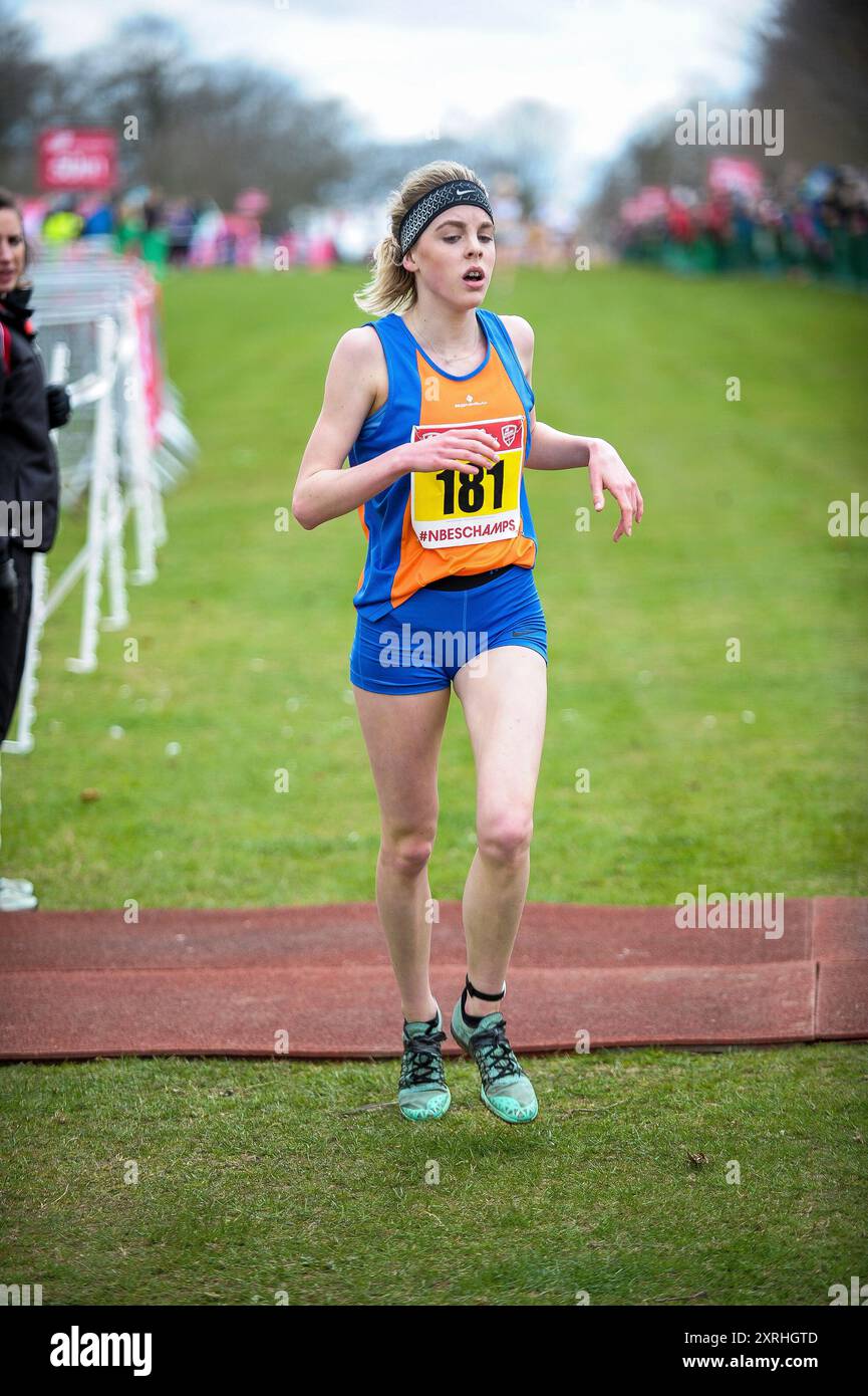 Keely Hodgkinson of Greater Manchester competing in the Inter Girls race at the English Schools Cross Country Championships, Norfolk Showgrounds, Norw Stock Photo
