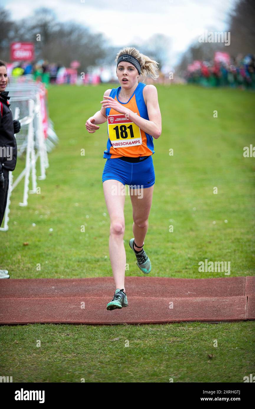 Keely Hodgkinson of Greater Manchester competing in the Inter Girls race at the English Schools Cross Country Championships, Norfolk Showgrounds, Norw Stock Photo