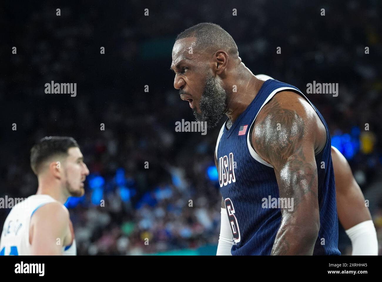 Paris, France. 10th Aug, 2024. Lebron James of the USA (6) celebrates ...