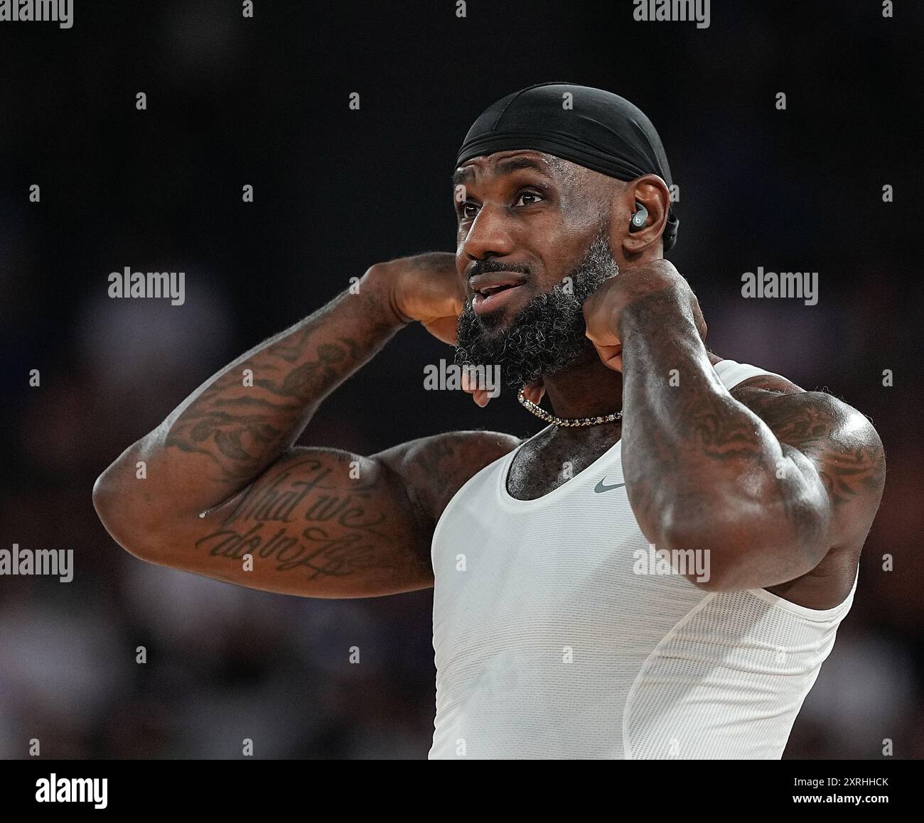 Paris, France. 10th Aug, 2024. LeBron James of the United States reacts ...