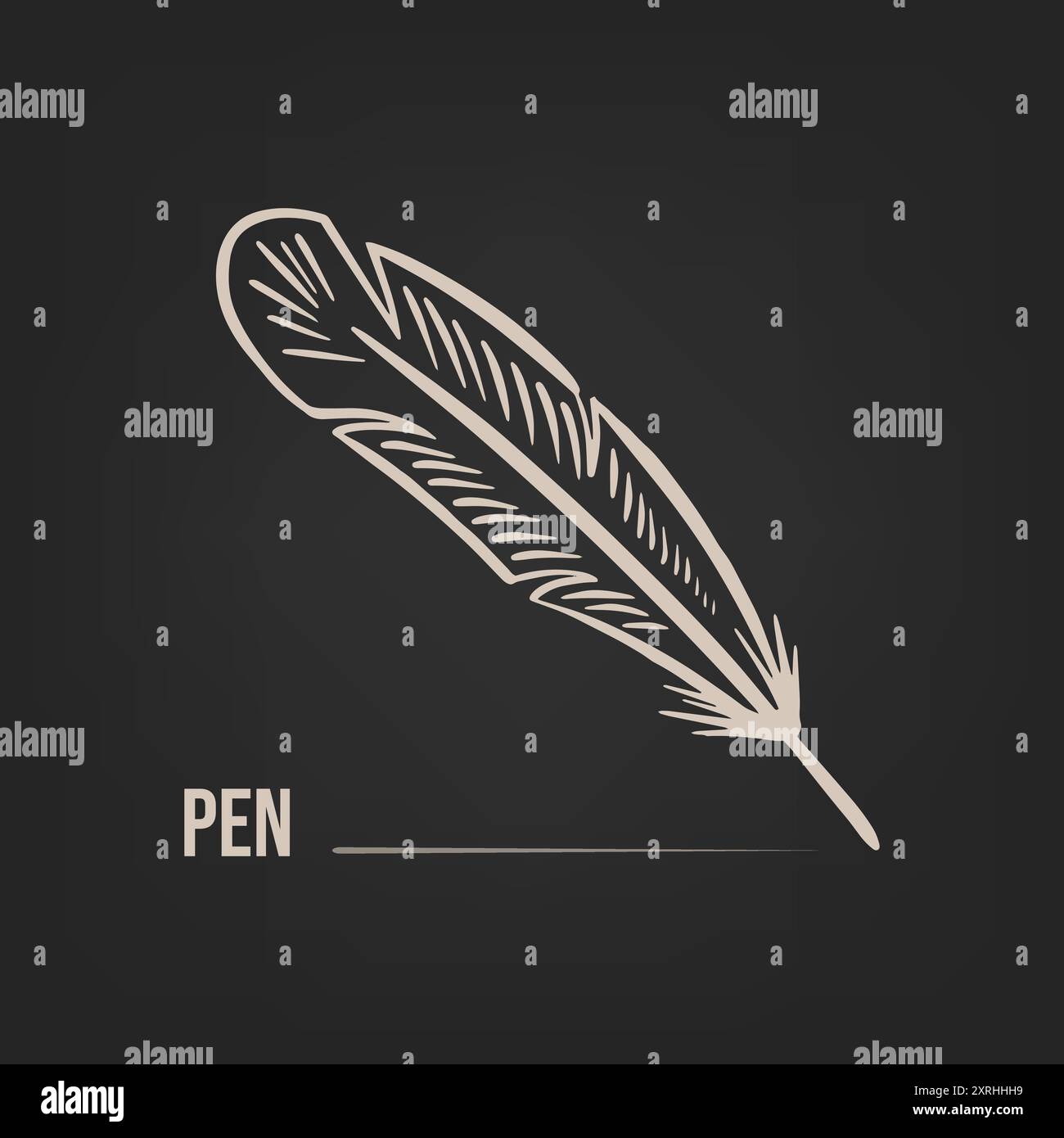 Writing Hand Feather Sketch of a bird feather for writing hand-drawn on a dark background ...